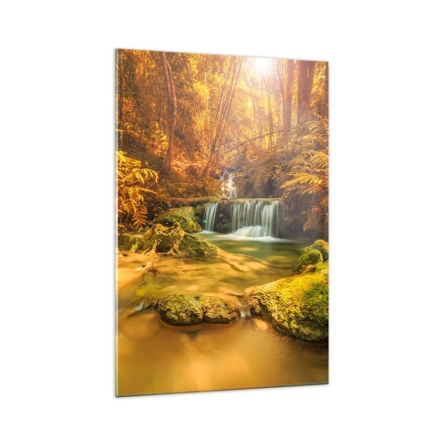 Impression sur verre - Image sur verre - Une cascade dorée dans une forêt d'automne entourée de verdure - 70x100cm - Cascade de forêt en or - Décoration murale moderne pour le salon et la chambre ARTTOR
