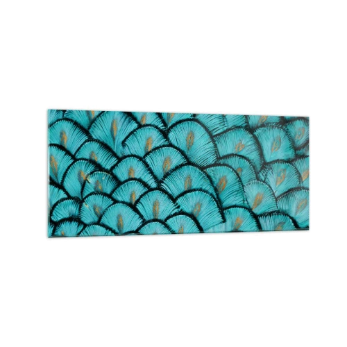 Impression sur verre - Image sur verre - Un motif ressemblant à des écailles turquoise avec des accents dorés - 120x50cm - Le grand gala des plumes - Décoration murale moderne pour le salon et la chambre ARTTOR