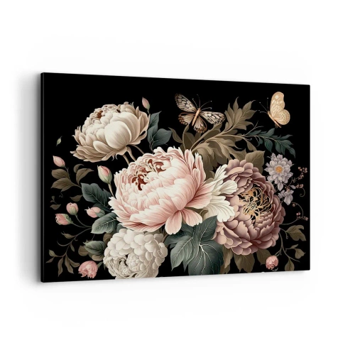 Impression sur toile - Image sur toile - Un bouquet de fleurs roses et de papillons sur fond noir - 100x70cm - De style baroque - Décoration murale moderne pour le salon et la chambre ARTTOR