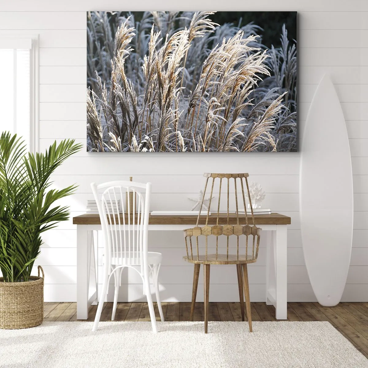 Impression sur toile - Image sur toile - Brins d'herbe d'hiver recouverts de givre sur un fond vert foncé - 70x50cm - Habillé de givre - Décoration murale moderne pour le salon et la chambre ARTTOR
