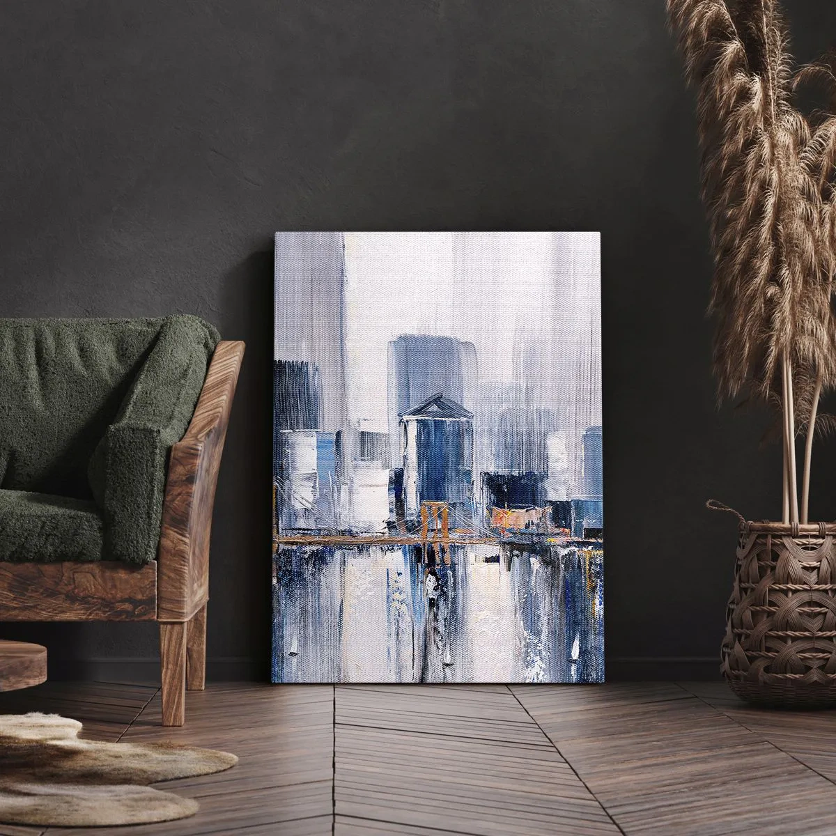 Impression sur toile - Image sur toile - Panorama urbain abstrait avec des nuances de bleu et de jaune - 70x100cm - Impression new-yorkaise - Décoration murale moderne pour le salon et la chambre ARTTOR