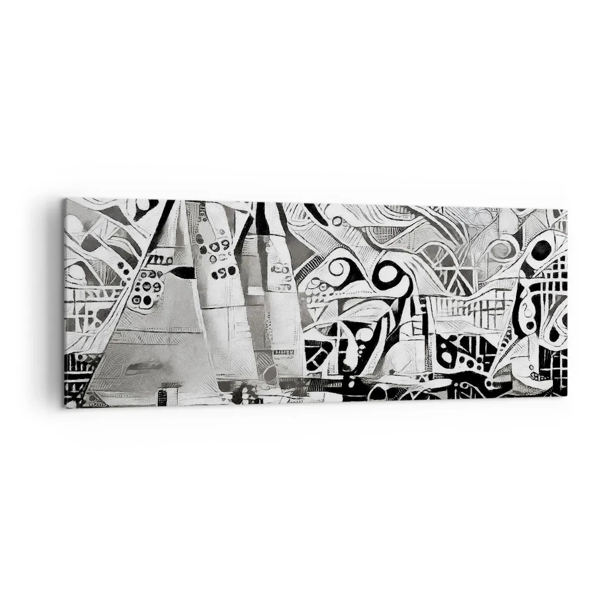 Impression sur toile - Image sur toile - Voiliers abstraits dans une composition monochrome - 140x50cm - Entre les vagues - Décoration murale moderne pour le salon et la chambre ARTTOR