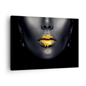 Impression sur toile - Image sur toile - Portrait noir et or d'une femme avec une goutte d'or sur les lèvres - 70x50cm - Bouche d'or - Décoration murale moderne pour le salon et la chambre ARTTOR