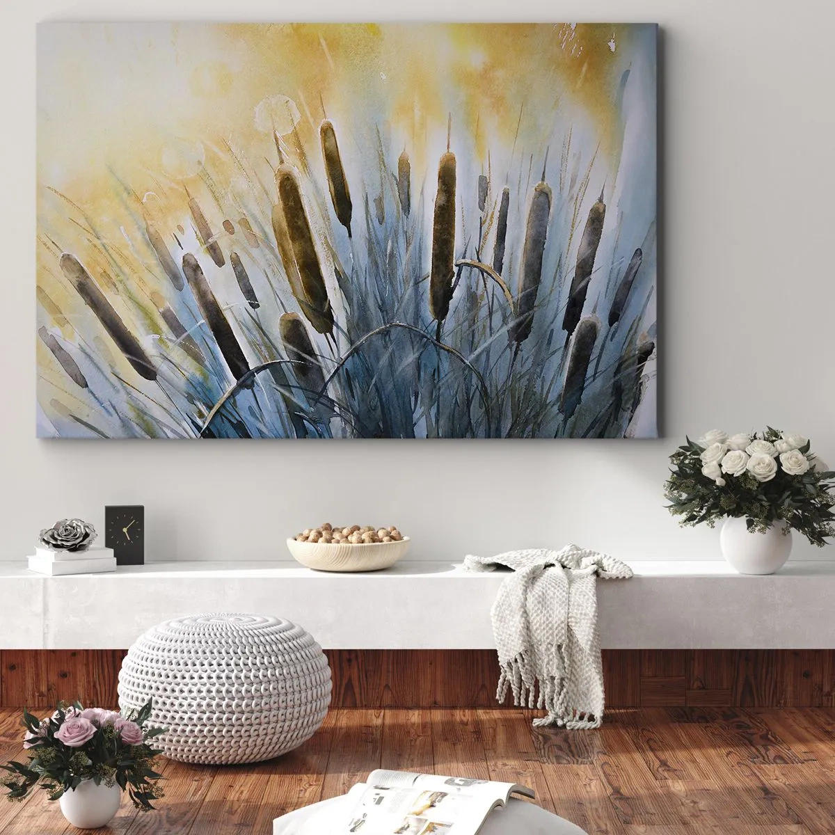 Impression sur toile - Image sur toile - Roseaux pittoresques sous les rayons du soleil - 70x50cm - Fraicheur de l'eau, chaleur du soleil - Décoration murale moderne pour le salon et la chambre ARTTOR