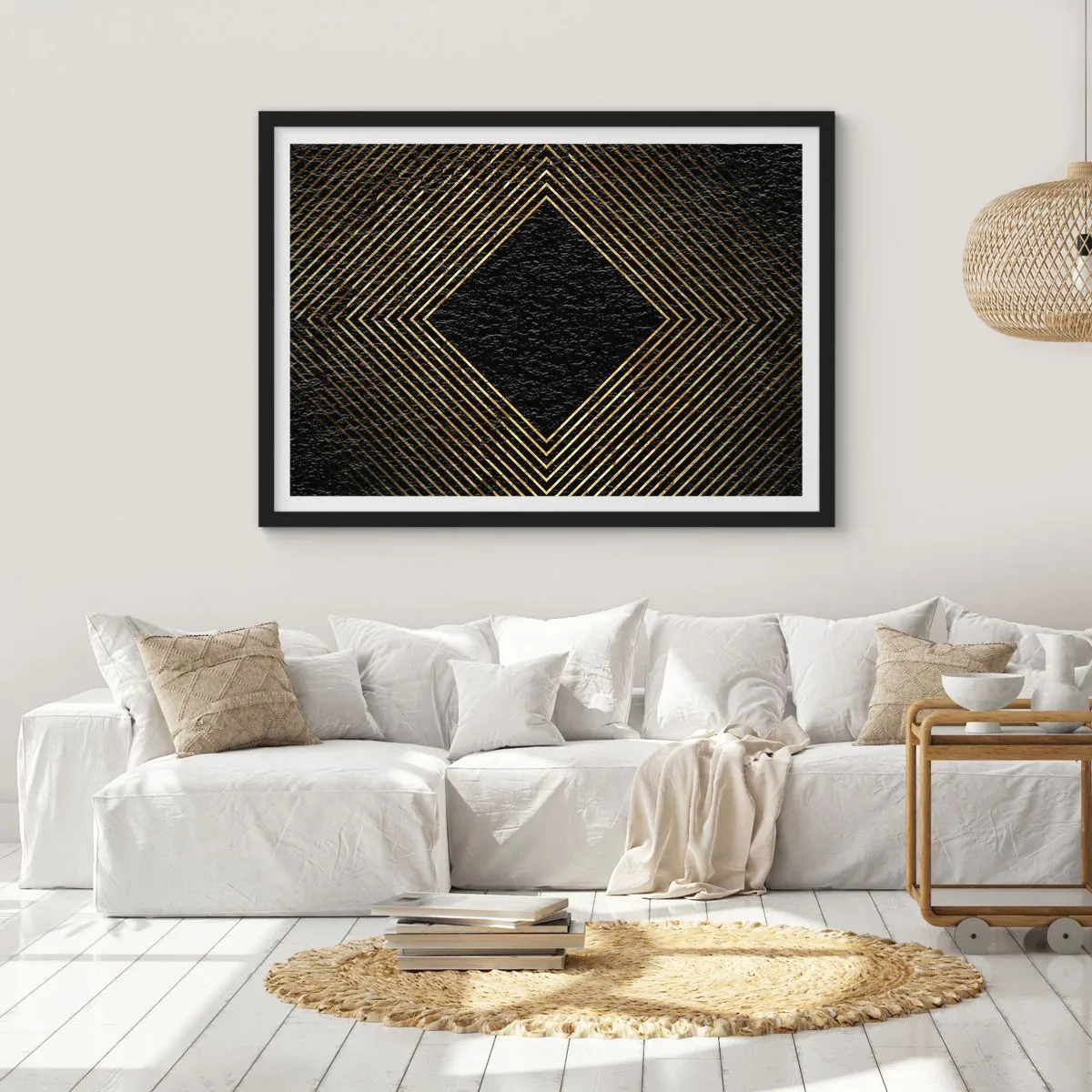 Affiche dans un cadre noir - Poster - Fond noir avec un motif géométrique de lignes dorées - 70x50cm - Géométrie dans un style glamour - Décoration murale moderne pour le salon et la chambre ARTTOR