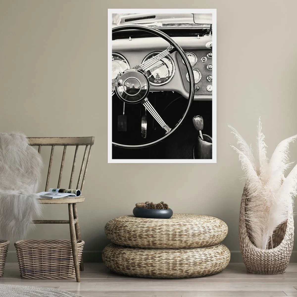 Affiche - Poster - L'intérieur d'une voiture ancienne dans un style monochrome - 50x70cm - Rêve de collectionneur - Décoration murale moderne pour le salon et la chambre ARTTOR