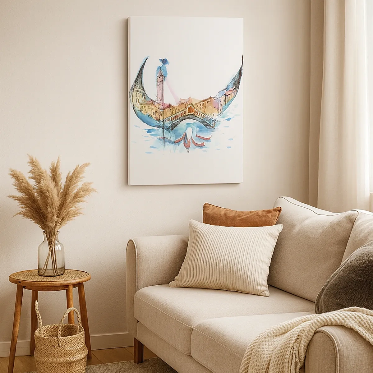 Impression sur toile - Image sur toile - Une composition à l'aquarelle de Venise en forme de gondole - 50x70cm - Nous naviguons à travers la ville - Décoration murale moderne pour le salon et la chambre ARTTOR