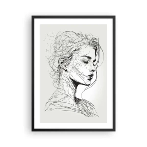 Affiche dans un cadre noir - Poster - Un croquis d'une femme aux cheveux flottants, créé dans un style minimaliste. - 50x70cm - Portrait en pensée - Décoration murale moderne pour le salon et la chambre ARTTOR