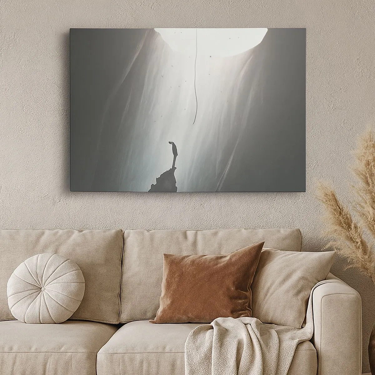 Impression sur toile - Image sur toile - Silhouette d'un homme sur le sol d'une grotte avec vue sur la lumière - 70x50cm - Il y a toujours une issue - Décoration murale moderne pour le salon et la chambre ARTTOR