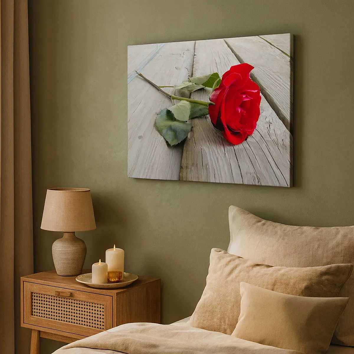 Impression sur toile - Image sur toile - Rose rouge sur fond de bois - 70x50cm - Étude écarlate - Décoration murale moderne pour le salon et la chambre ARTTOR