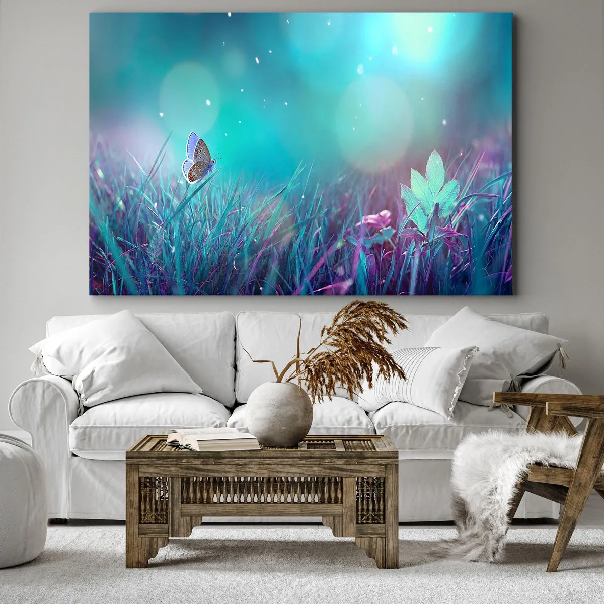 Impression sur toile - Image sur toile - Un papillon sur l'herbe à la lumière de reflets flous - 100x70cm - La vie secrète de la prairie - Décoration murale moderne pour le salon et la chambre ARTTOR