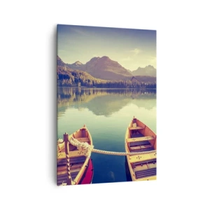 Impression sur toile - Image sur toile - Bateaux sur un lac calme entouré de montagnes au coucher du soleil - 70x100cm - Vivre selon ses règles - Décoration murale moderne pour le salon et la chambre ARTTOR