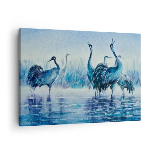 Impression sur toile - Image sur toile - Grues sur fond de brouillard et d'eau dans des tons bleus - 70x50cm - Réunion matinale - Décoration murale moderne pour le salon et la chambre ARTTOR