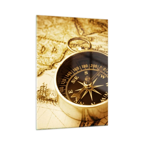 Impression sur verre - Image sur verre - Une boussole dorée sur un vieux fond de carte - 50x70cm - Est ou ouest? - Décoration murale moderne pour le salon et la chambre ARTTOR