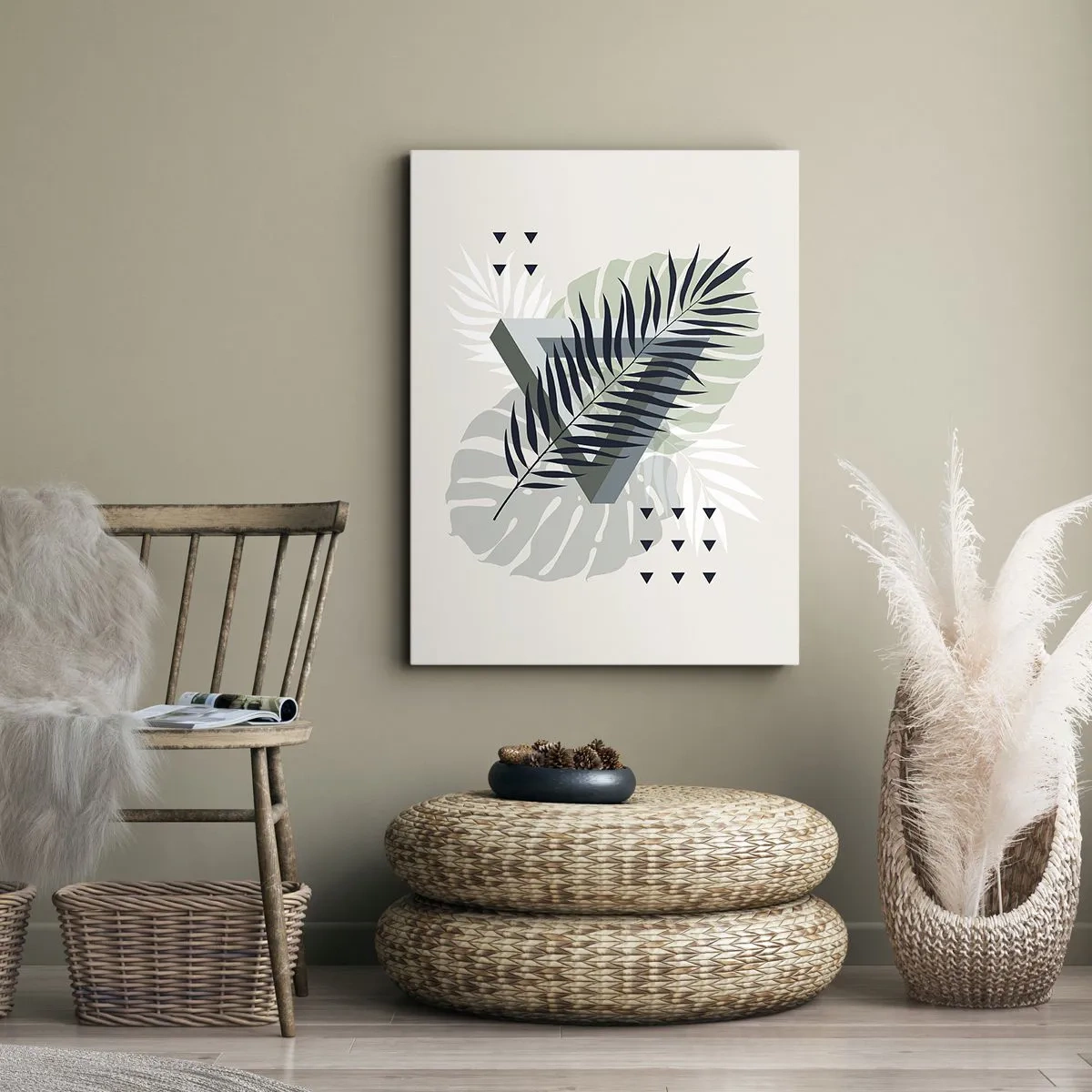 Impression sur toile - Image sur toile - Composition géométrique avec des feuilles tropicales dans des tons verts - 50x70cm - Nature et géométrie - deux odres? - Décoration murale moderne pour le salon et la chambre ARTTOR