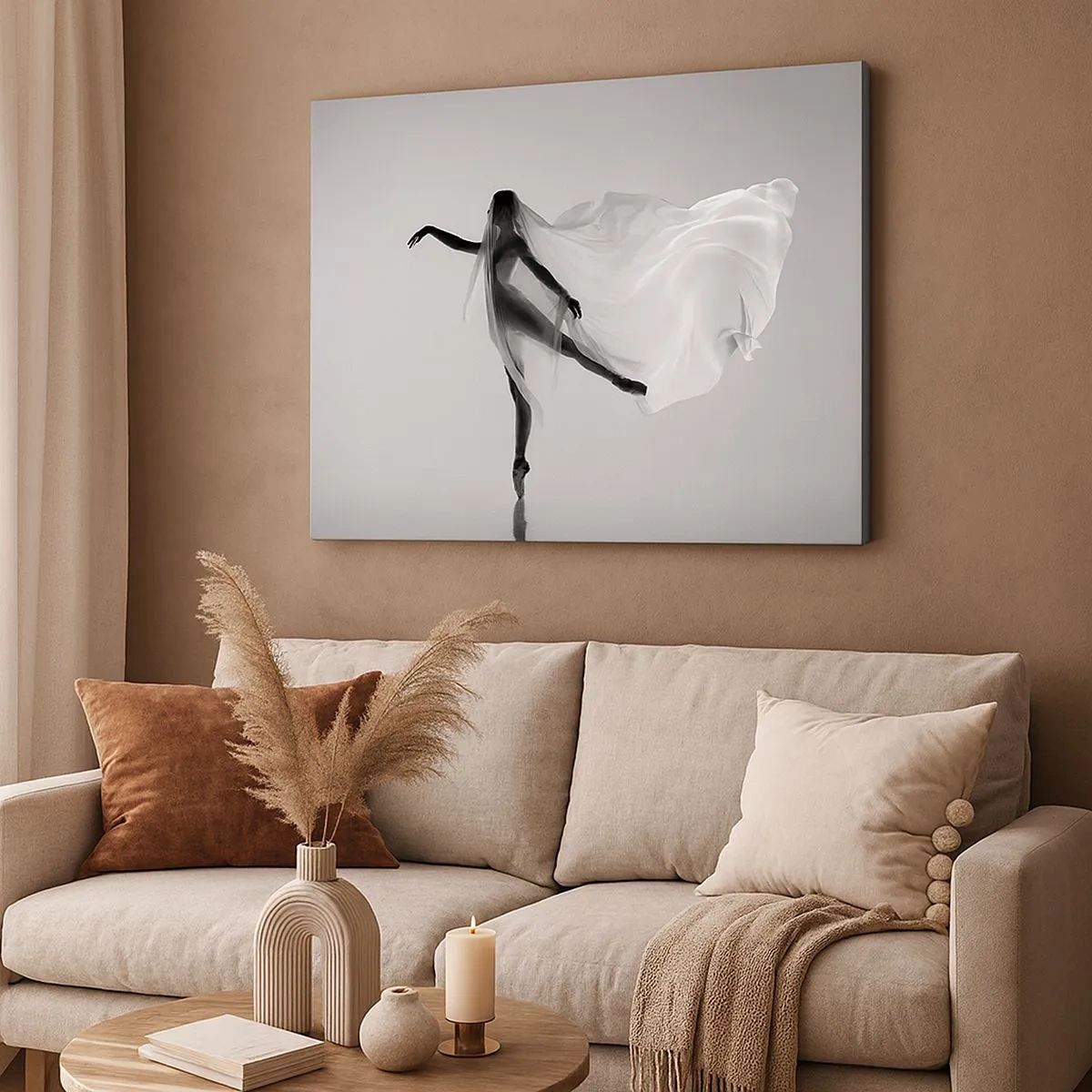 Impression sur toile - Image sur toile - Une danseuse dans une pose éthérée avec un tissu fluide - 70x50cm - Légèreté et grâce - Décoration murale moderne pour le salon et la chambre ARTTOR