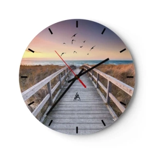 Horloge murale - Pendule murale - Passerelle en bois menant à la plage au coucher du soleil - 30x30cm - Envol des espaces - Décoration murale moderne pour le salon, la cuisine et la chambre ARTTOR