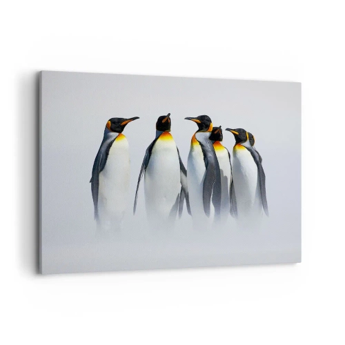 Impression sur toile - Image sur toile - Un groupe de manchots empereurs dans le brouillard hivernal - 120x80cm - Rencontre en robes de soirée - Décoration murale moderne pour le salon et la chambre ARTTOR