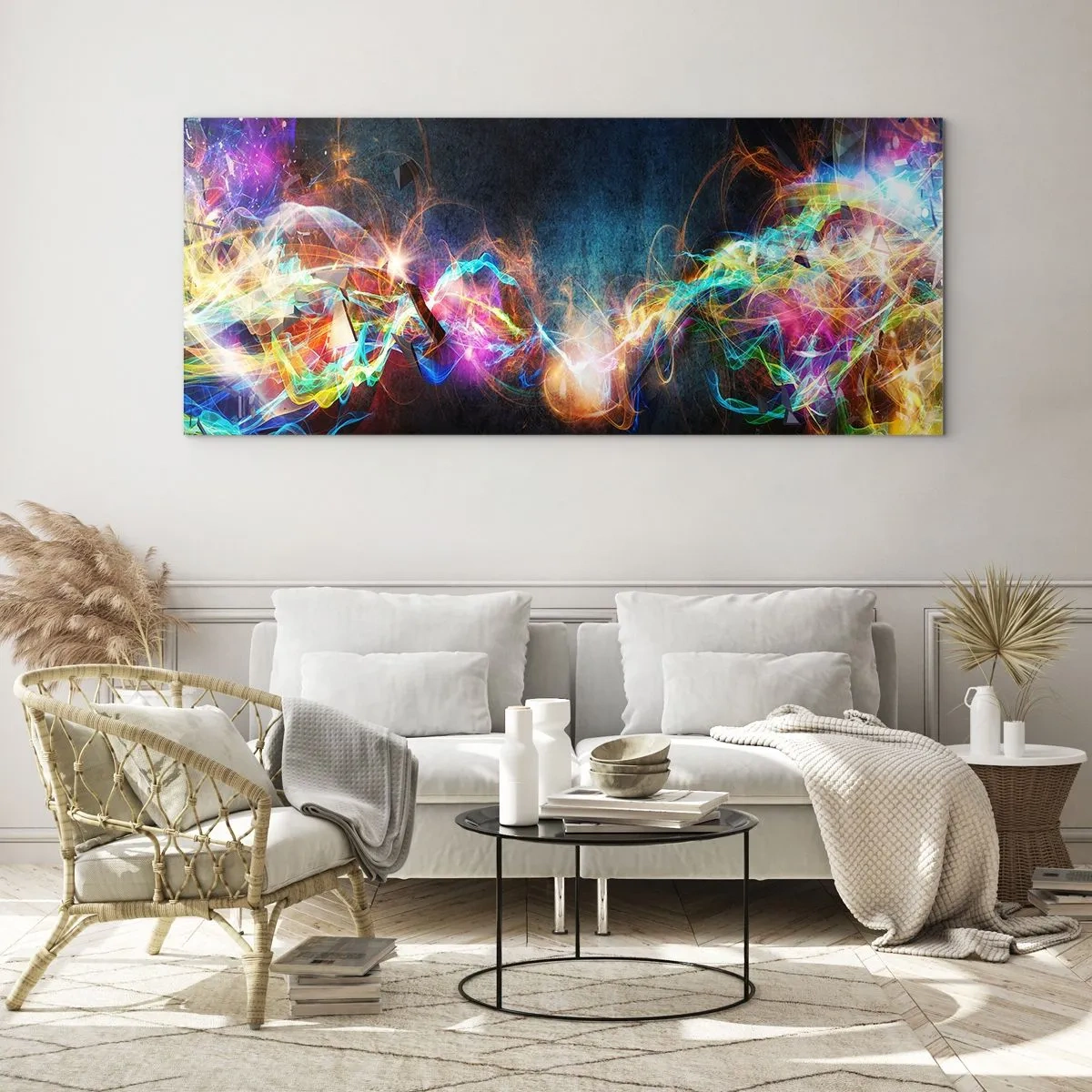 Impression sur verre - Image sur verre - Des éclairs de lumière colorés dans une composition abstraite - 140x50cm - Joyeusement contre l'obscurité - Décoration murale moderne pour le salon et la chambre ARTTOR