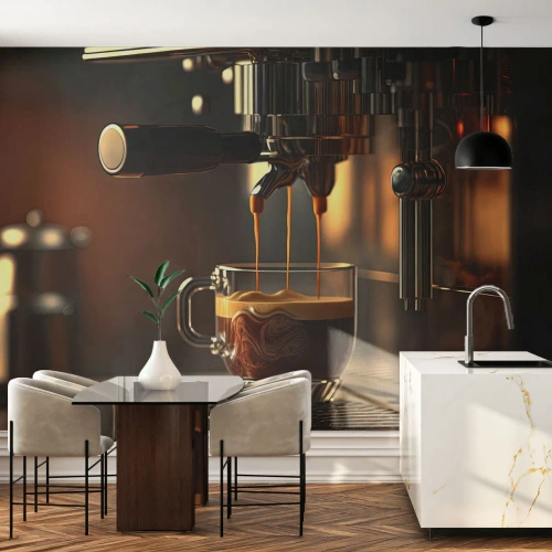 Papier Peint Photo Premium Sand - Une machine à café avec une tasse d'espresso dans un intérieur élégant - 100x70cm - Un mélange sensuel - Décoration murale moderne pour le salon et la chambre ARTTOR