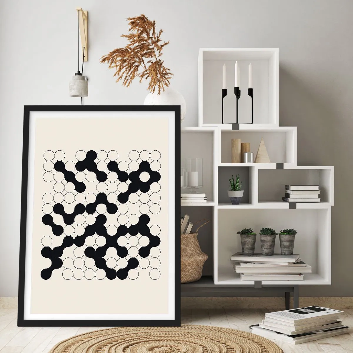 Affiche dans un cadre noir - Poster - Composition géométrique de cercles noirs et blancs - 50x70cm - Jeu chinois – variation - Décoration murale moderne pour le salon et la chambre ARTTOR