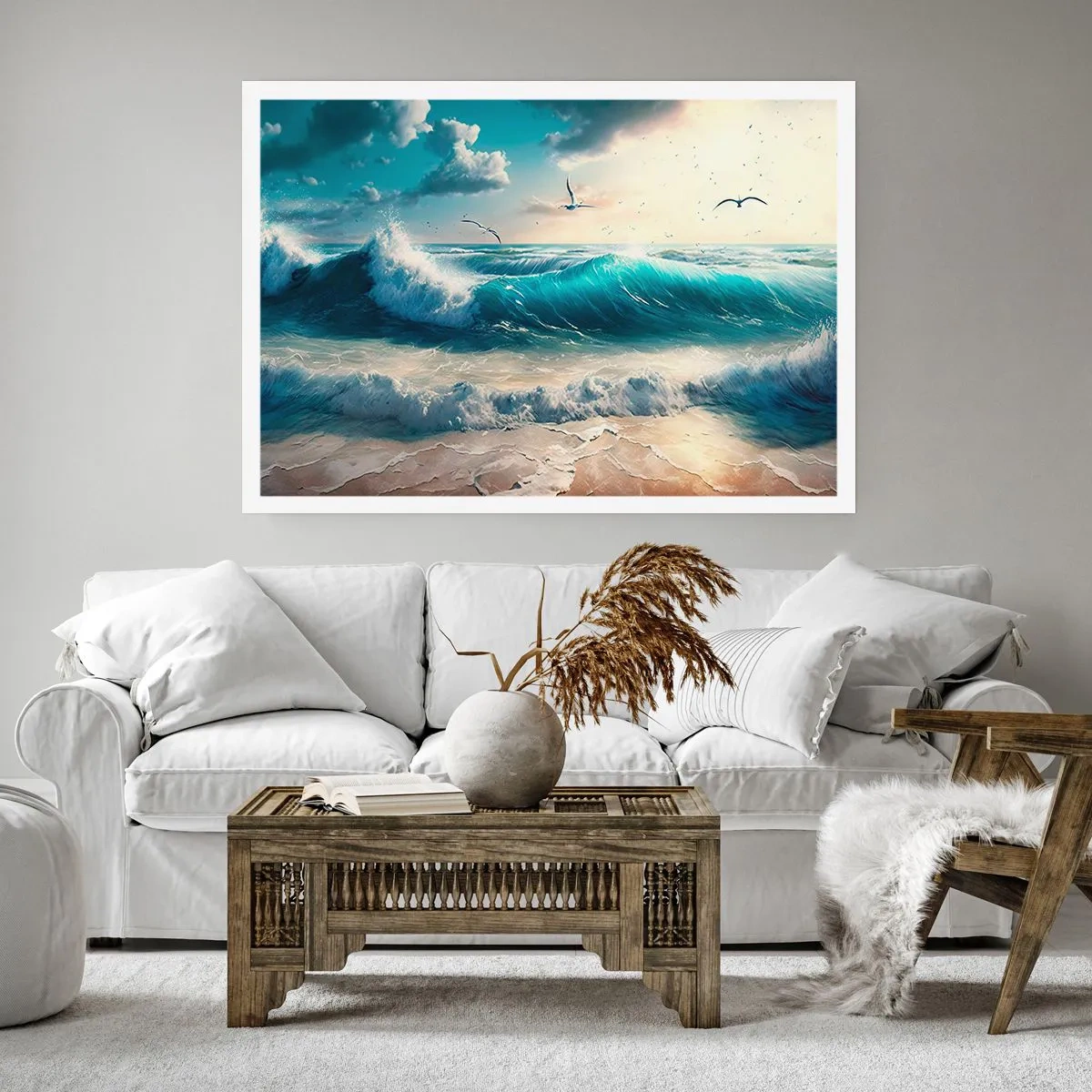 Affiche - Poster - Vagues de la mer sur la plage sous un ciel bleu avec des mouettes - 100x70cm - Ça bourdonne seulement pour toi - Décoration murale moderne pour le salon et la chambre ARTTOR