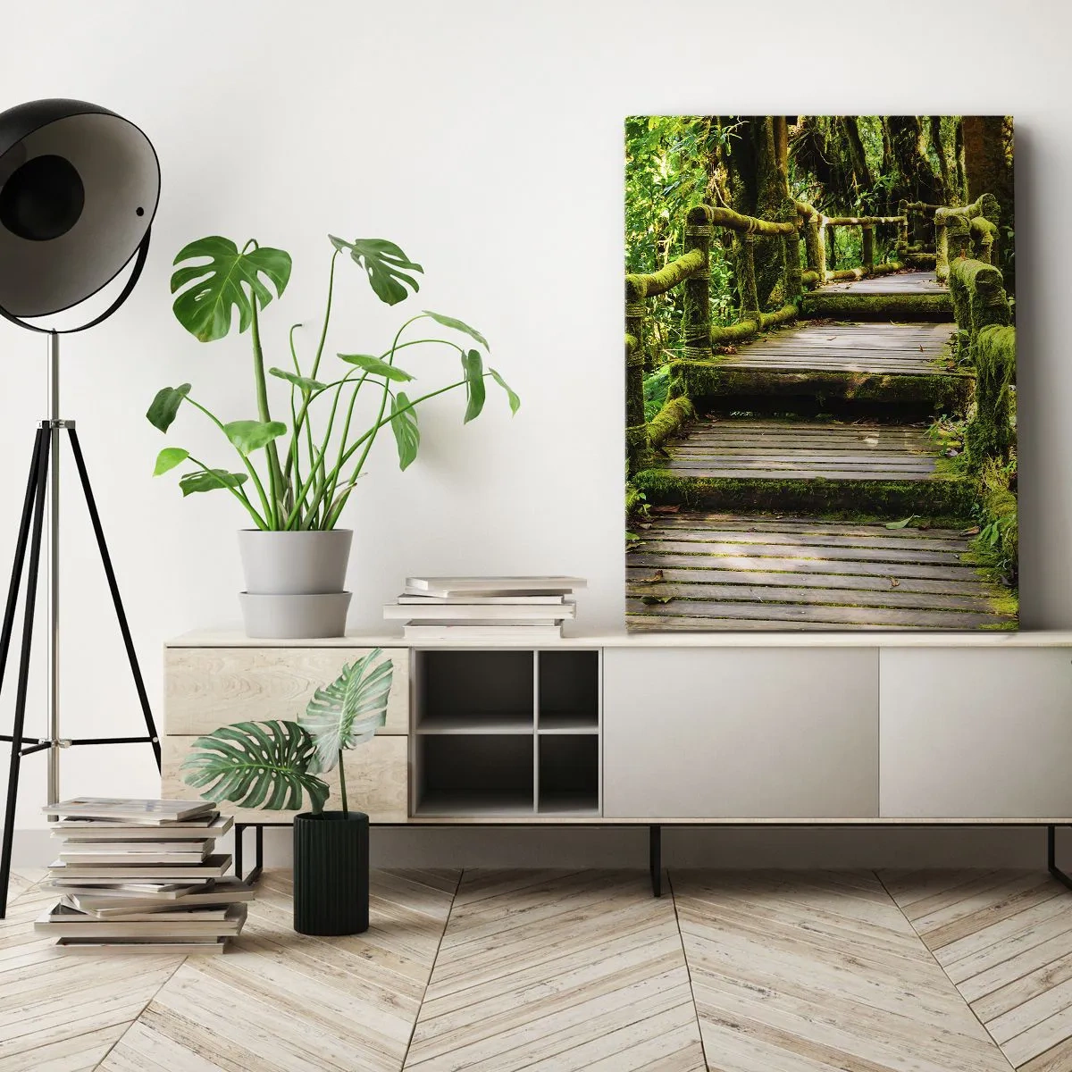 Impression sur toile - Image sur toile - Un pont en bois recouvert de mousse dans une forêt tropicale - 70x100cm - Un couloir de verdure - Décoration murale moderne pour le salon et la chambre ARTTOR