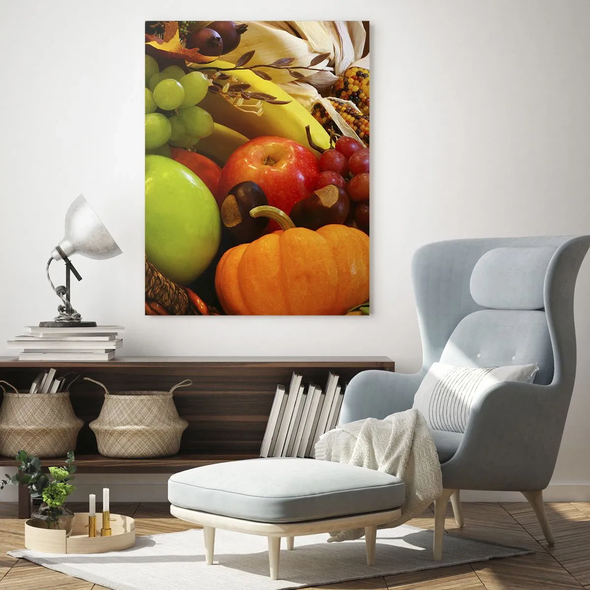 Impression sur verre - Image sur verre - Un panier rempli de fruits et légumes dans un arrangement d'automne - 50x70cm - Panier de récolte - Décoration murale moderne pour le salon et la chambre ARTTOR