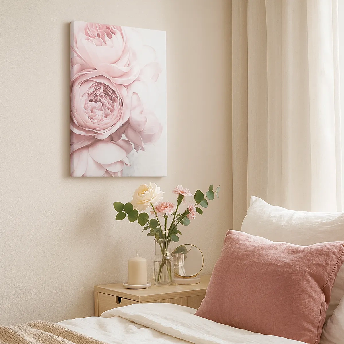 Impression sur toile - Image sur toile - Pivoines roses dans une lumière douce sur un fond clair - 50x70cm - Pour les romantiques - Décoration murale moderne pour le salon et la chambre ARTTOR