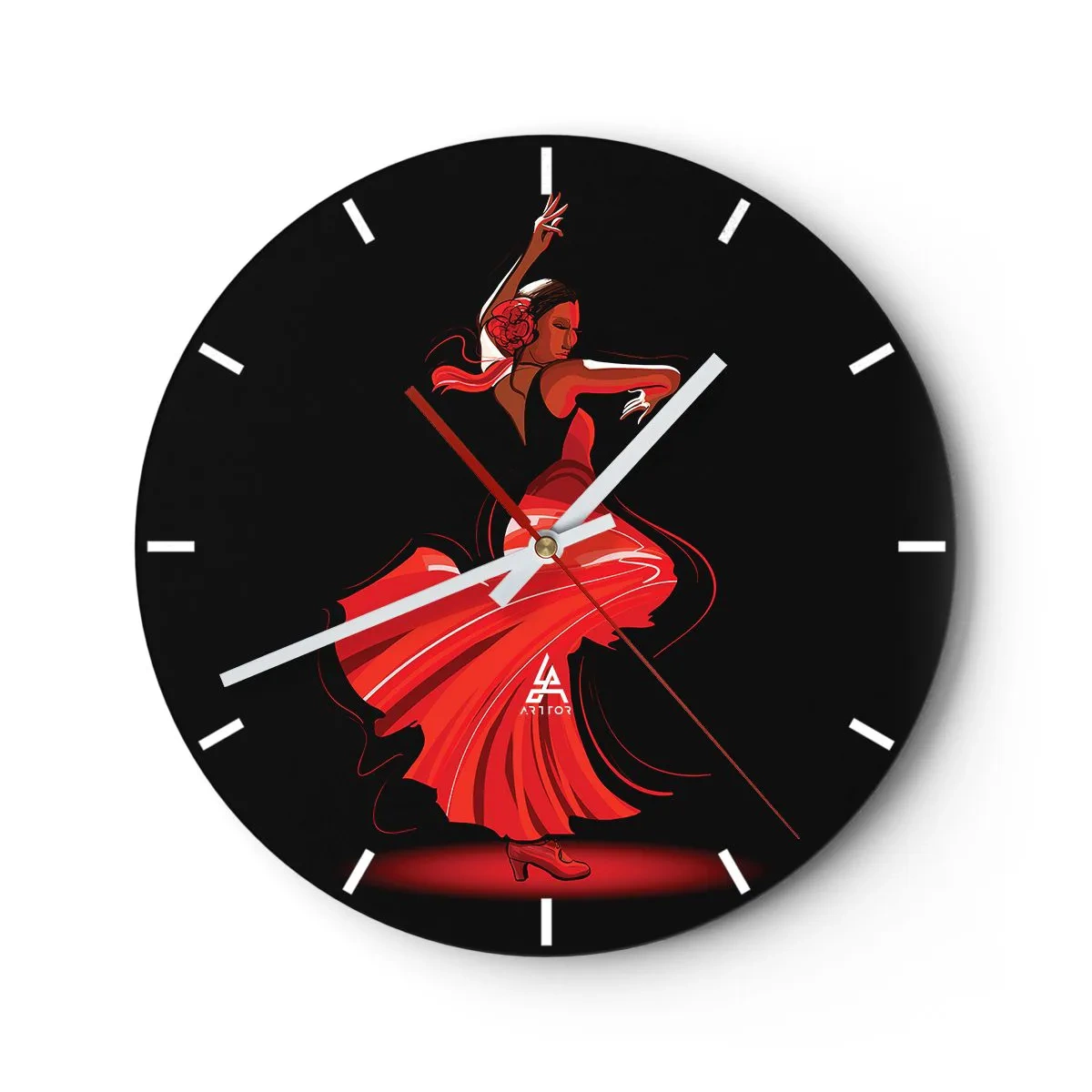 Horloge murale - Pendule murale - Danseuse de flamenco en robe rouge sur fond noir - 30x30cm - L'esprit fougueux du flamenco - Décoration murale moderne pour le salon, la cuisine et la chambre ARTTOR