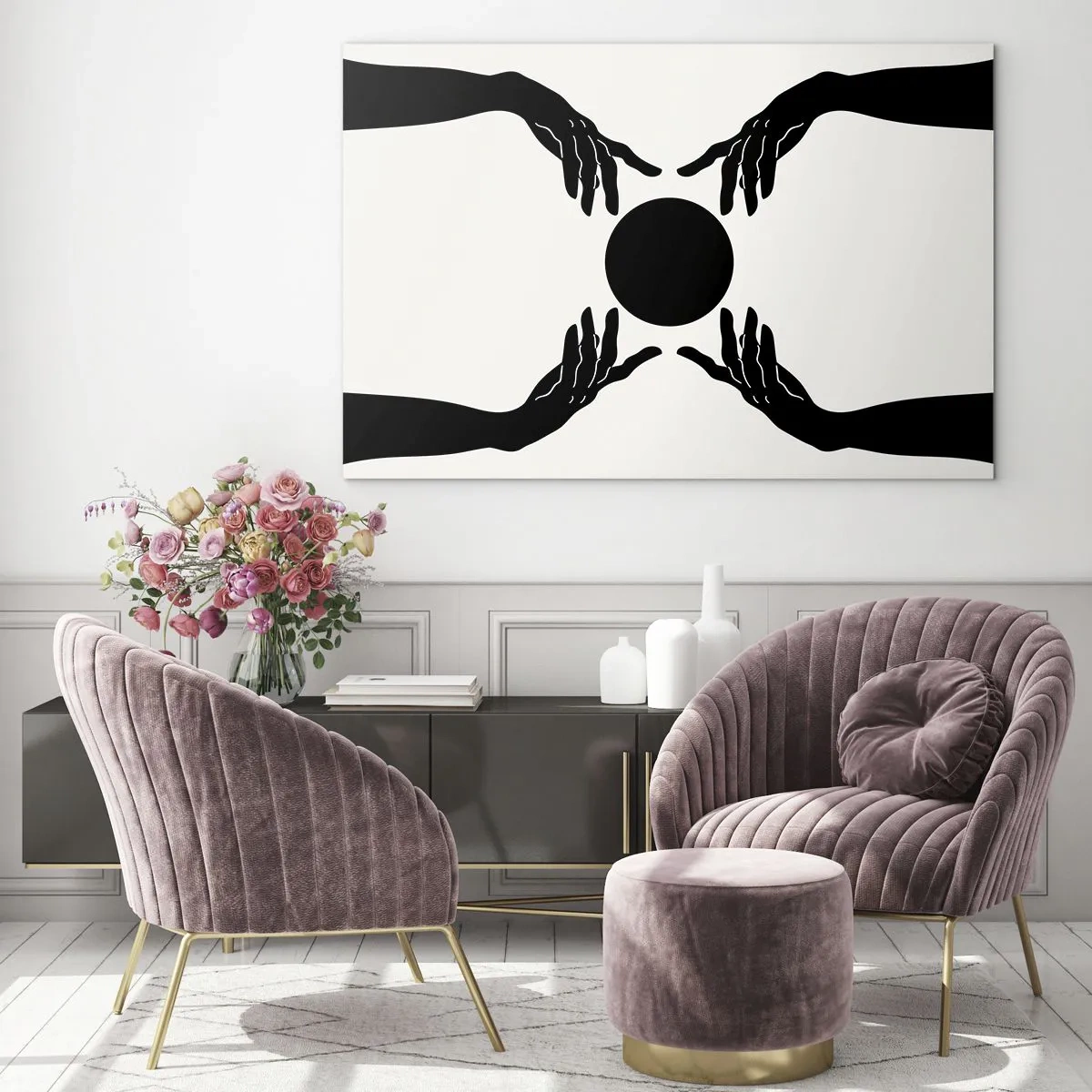 Impression sur verre - Image sur verre - Mains noires autour d'un cercle noir sur fond clair - 70x50cm - Signe secret - Décoration murale moderne pour le salon et la chambre ARTTOR