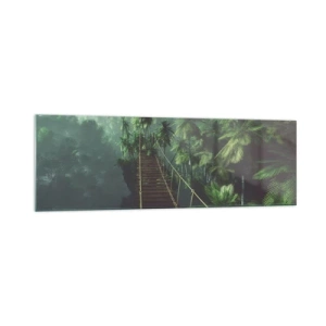 Impression sur verre - Image sur verre - Un pont suspendu dans une forêt tropicale entourée de brouillard. - 160x50cm - Au fil de la verdure - Décoration murale moderne pour le salon et la chambre ARTTOR