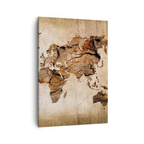 Impression sur toile - Image sur toile - Une carte du monde dans un style rustique en bois - 50x70cm - Découverte du monde - Décoration murale moderne pour le salon et la chambre ARTTOR