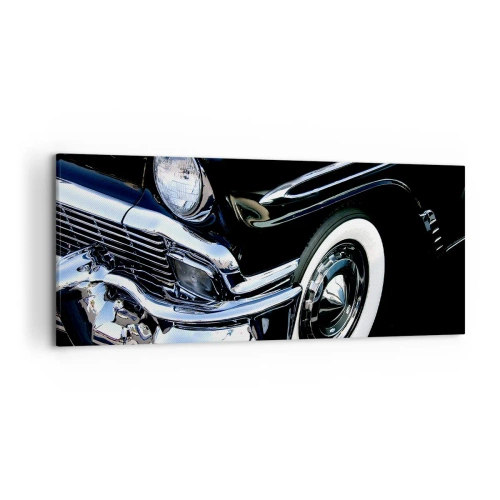 Impression sur toile - Image sur toile - Gros plan du phare et du garde-boue d'une voiture classique noire - 120x50cm - Classique en argent, noir et blanc - Décoration murale moderne pour le salon et la chambre ARTTOR