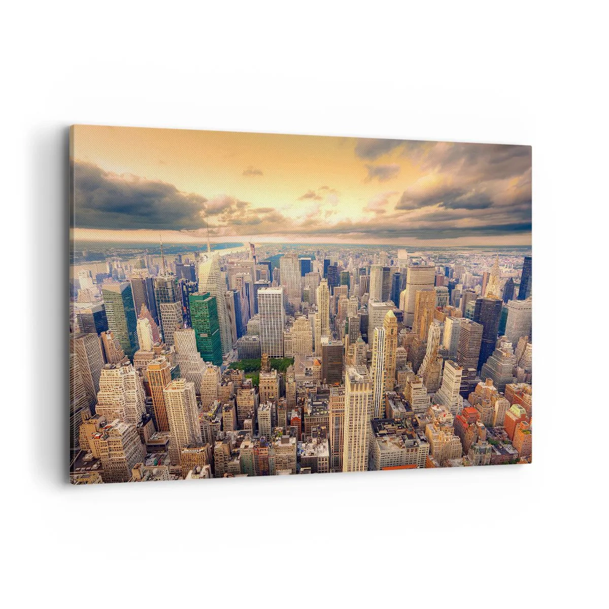 Impression sur toile - Image sur toile - Panorama de la ville avec vue sur les gratte-ciels au coucher du soleil - 120x80cm - Métropole dorée - Décoration murale moderne pour le salon et la chambre ARTTOR