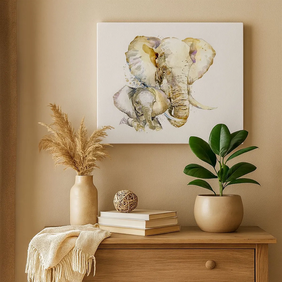 Impression sur toile - Image sur toile - Éléphants à l'aquarelle aux couleurs subtiles - 70x50cm - Rien ne peut égaler maman - Décoration murale moderne pour le salon et la chambre ARTTOR