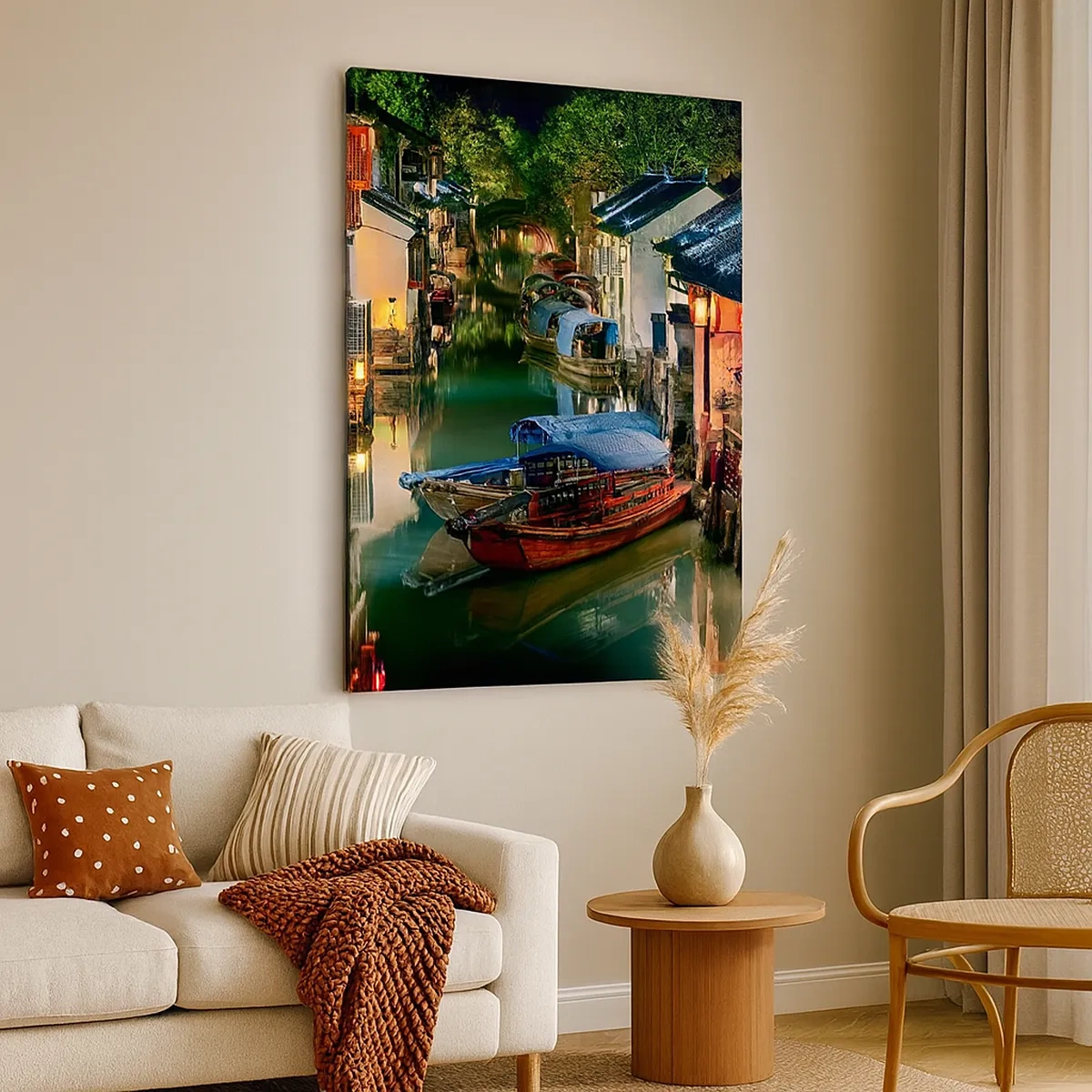 Impression sur toile - Image sur toile - Vue nocturne des canaux avec bateaux et maisons traditionnels - 50x70cm - Soirée dans une rue chinoise - Décoration murale moderne pour le salon et la chambre ARTTOR