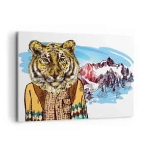 Impression sur toile - Image sur toile - Un tigre dans un manteau sur un paysage de montagne - 100x70cm - Pas aussi sauvage qu'ils le décrivent - Décoration murale moderne pour le salon et la chambre ARTTOR