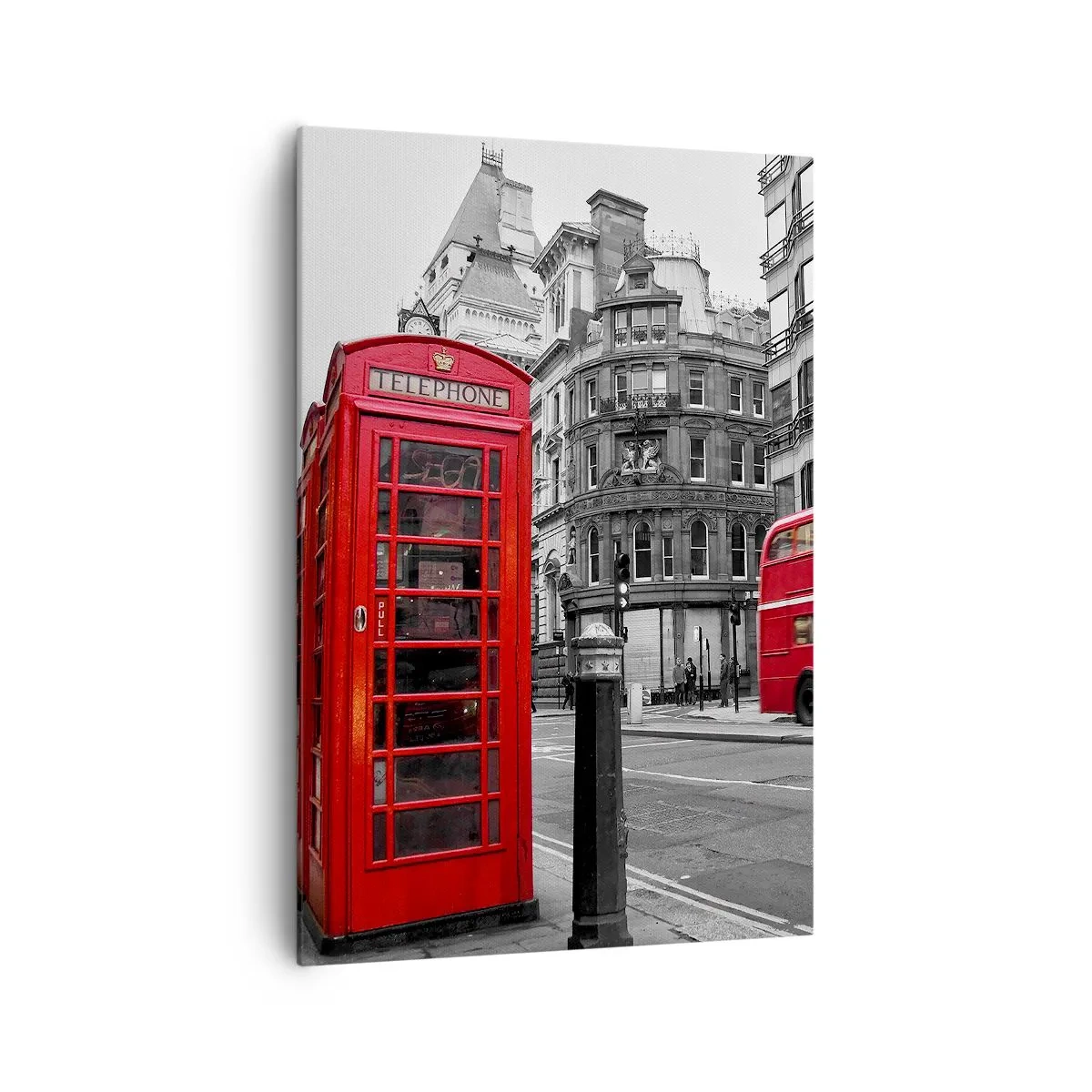 Impression sur toile - Image sur toile - Une cabine téléphonique rouge et un bus à impériale à Londres avec la ville en arrière-plan - 70x100cm - Le plus rouge d'Europe - Décoration murale moderne pour le salon et la chambre ARTTOR