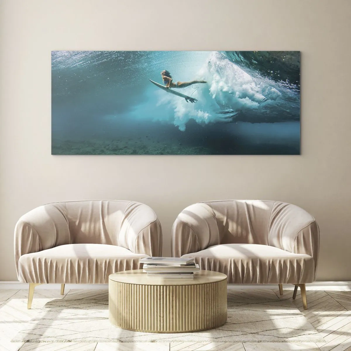 Impression sur verre - Image sur verre - Surfeur sous une vague dans l'eau bleue de l'océan - 120x50cm - Monde sous marin - Décoration murale moderne pour le salon et la chambre ARTTOR