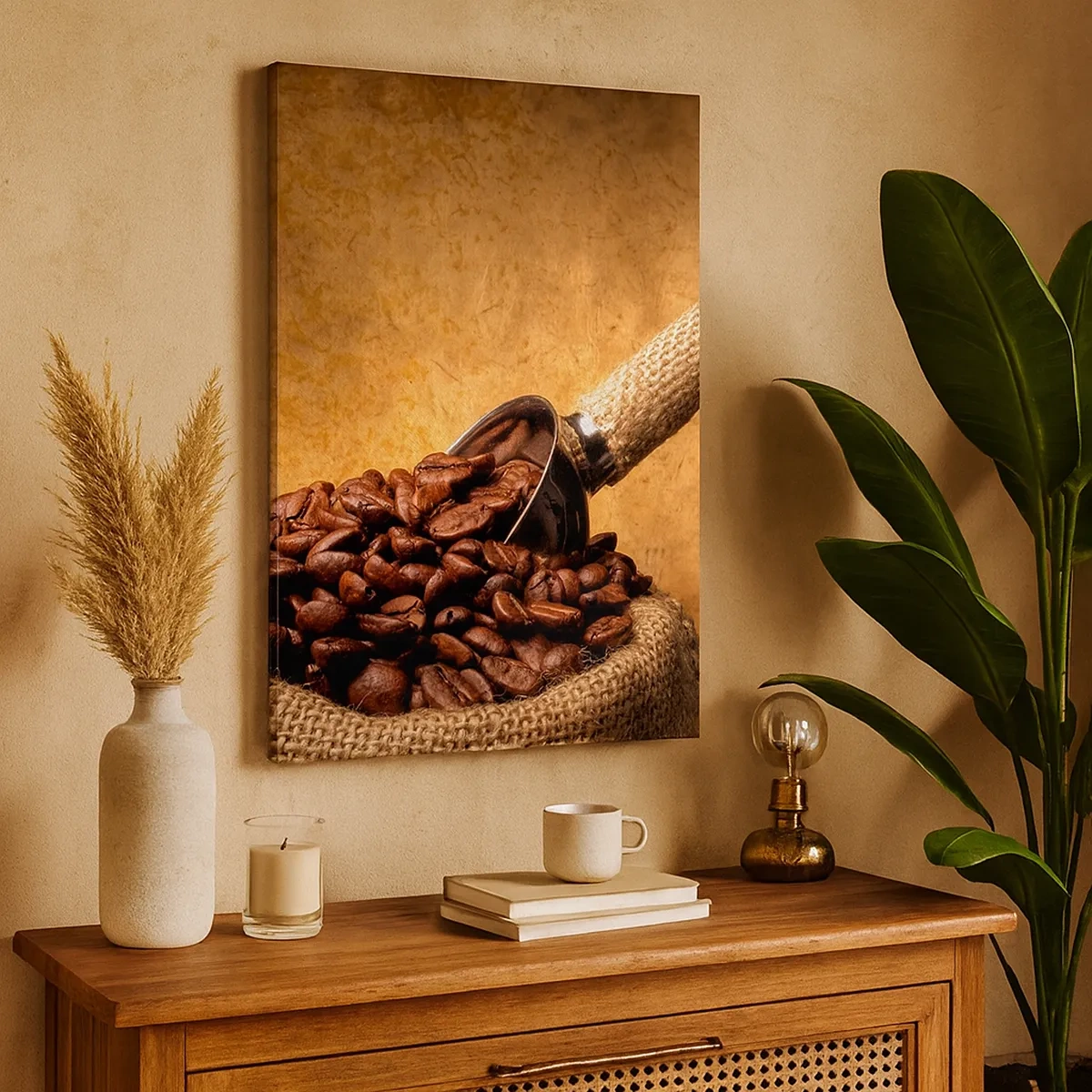 Impression sur toile - Image sur toile - Grains de café dans un sac en jute avec une cuillère en métal - 50x70cm - A la source de la saveur - Décoration murale moderne pour le salon et la chambre ARTTOR