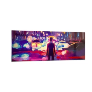 Impression sur verre - Image sur verre - Un homme dans une scène nocturne de ville au néon - 140x50cm - Immergé dans la lumière - Décoration murale moderne pour le salon et la chambre ARTTOR
