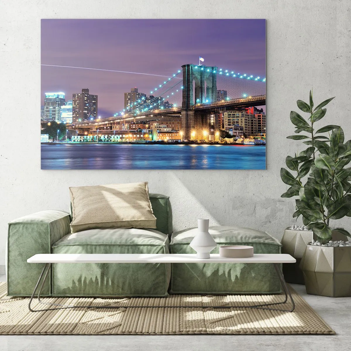 Impression sur verre - Image sur verre - Le pont de Brooklyn la nuit avec les tours et la ville illuminées - 100x70cm - Depuis de nombreuses années le pont de Brooklyn - Décoration murale moderne pour le salon et la chambre ARTTOR