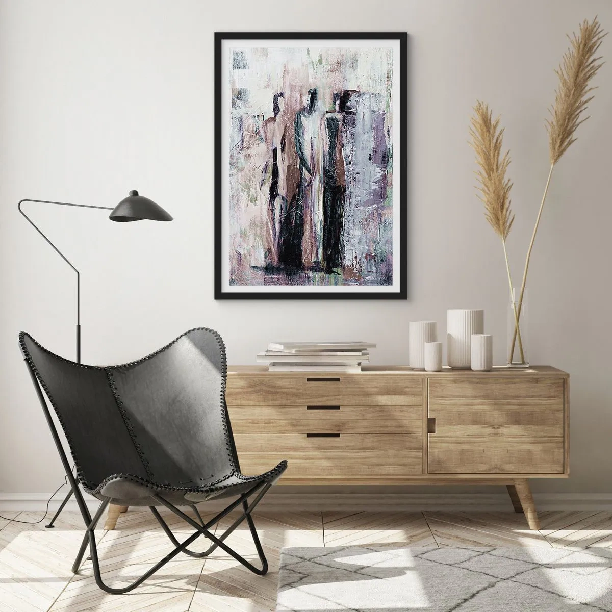 Affiche dans un cadre noir - Poster - Figures abstraites aux couleurs tamisées - 50x70cm - Les trois mystérieux - Décoration murale moderne pour le salon et la chambre ARTTOR