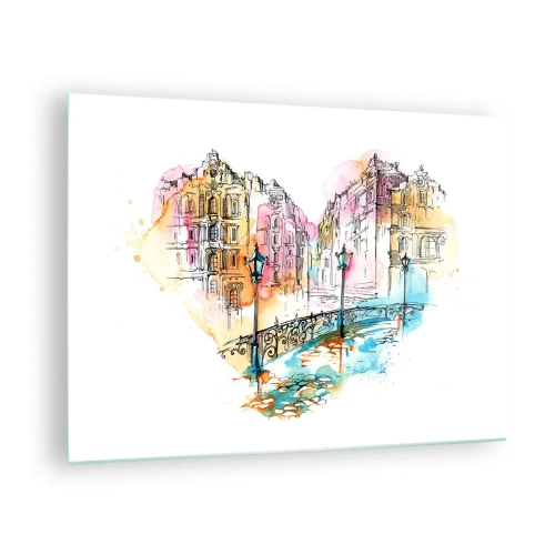 Impression sur verre - Image sur verre - Maisons romantiques avec un pont en forme de cœur, aquarelle - 70x50cm - Le coeur de la ville - Décoration murale moderne pour le salon et la chambre ARTTOR