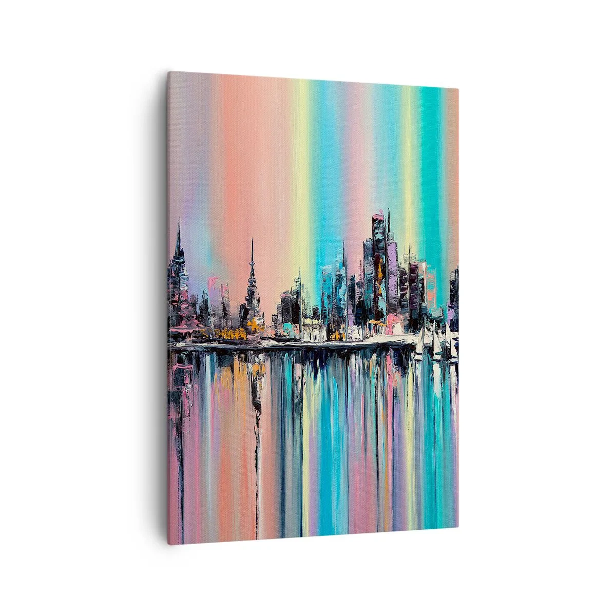 Impression sur toile - Image sur toile - Paysage urbain coloré avec reflet sur l'eau - 70x100cm - Noyé par la lumière de la nuit - Décoration murale moderne pour le salon et la chambre ARTTOR