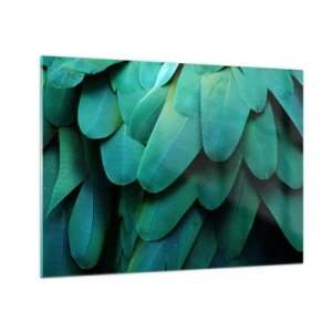 Impression sur verre - Image sur verre - Gros plan des plumes intensément vertes d'un perroquet. - 70x50cm - Perfection de la nature du perroquet - Décoration murale moderne pour le salon et la chambre ARTTOR