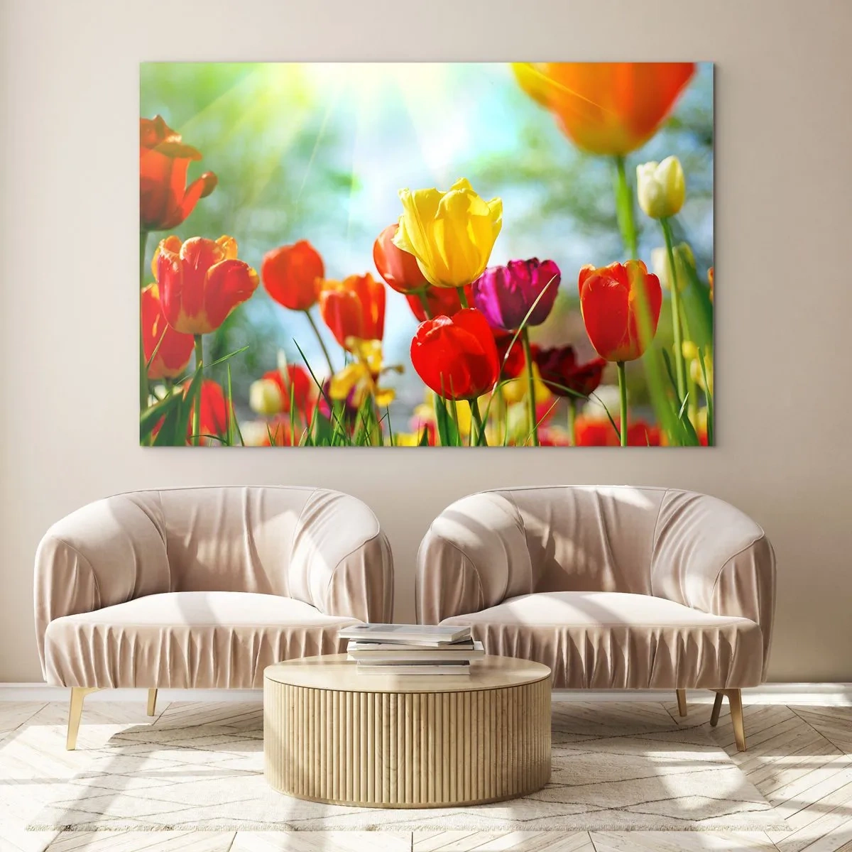 Impression sur verre - Image sur verre - Tulipes colorées illuminées par les rayons du soleil - 100x70cm - Toutes les couleurs du soleil - Décoration murale moderne pour le salon et la chambre ARTTOR
