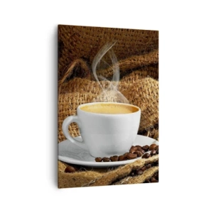Impression sur toile - Image sur toile - Une tasse de café entourée d'un sac de grains de café - 70x100cm - L'odeur du moka et la densité du miel liquide - Décoration murale moderne pour le salon et la chambre ARTTOR