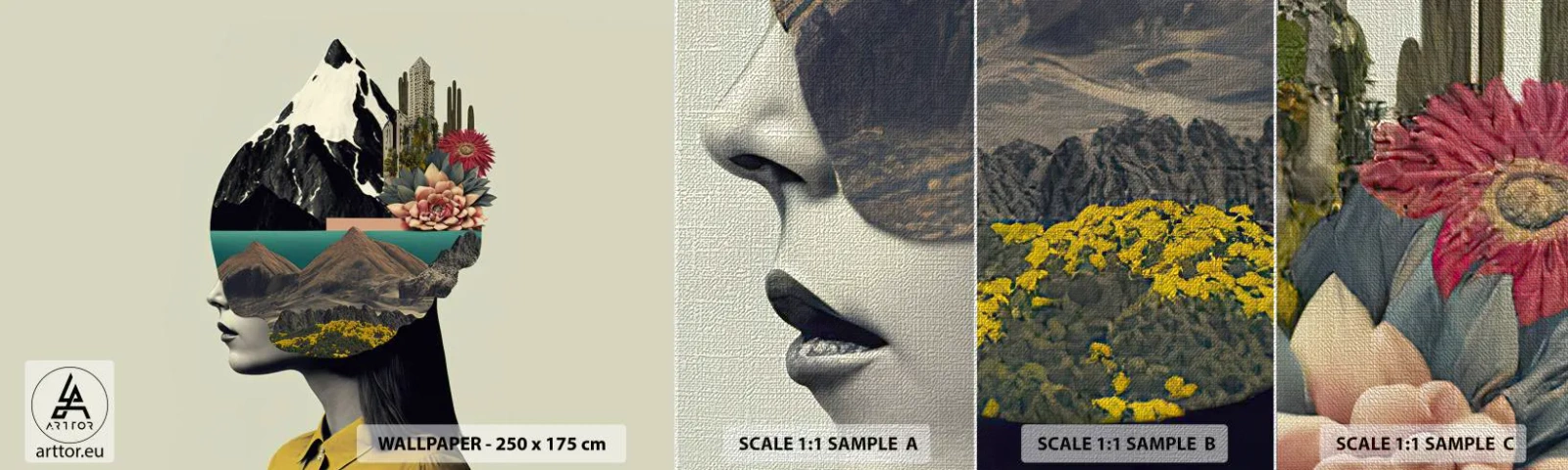 Échantillon de Papier Peint Premium Canvas - La femme – toujours un mystère - Montagnes, Esprit, Tête - 100x30 cm